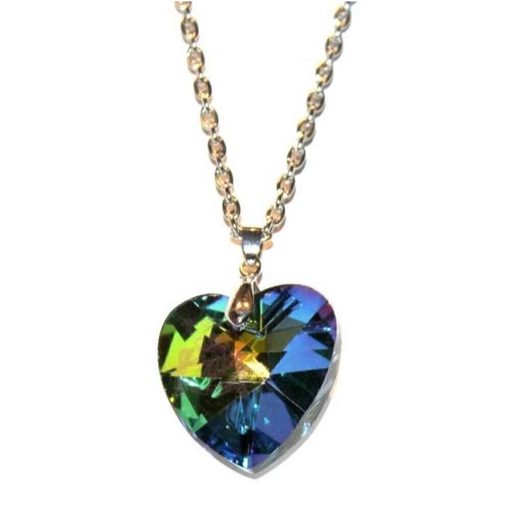 1" Rainbow Aurora Borealis Crystal Love Heart Mystic Ab Valentines Day Necklace - Picture 4 of 6